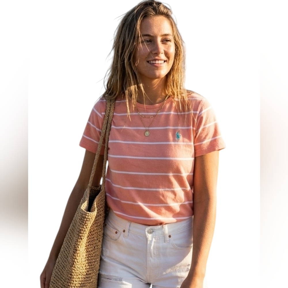 Ralph Lauren Coastal Coral Peach Striped Cotton Tee Short Sleeve SZ L
